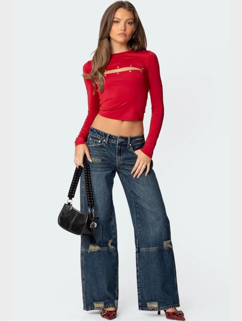 EDIKTED Slitted Distressed Low Rise Baggy Jeans SZ XS NWT